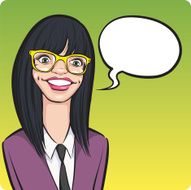 Cartoon smiling nerd girl in glasses with speech bubble