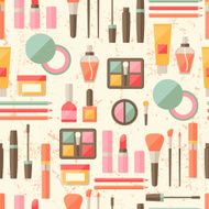 Seamless grunge background with cosmetics flat icons