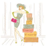 Retro woman with suitcases