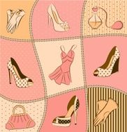 Cartoon woman&#039;s bag perfume and shoes Vector