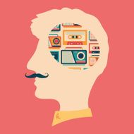 Hipster head with thoughts about tape recorders and cassettes