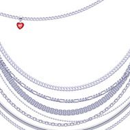 Assorted silver chains on white background with heart pendant