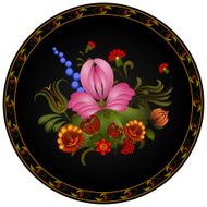 Petrikov painting Vintage floral ornament on black round plate
