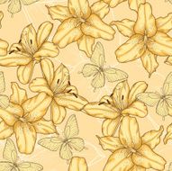 seamless background with yellow lilies and butterflies