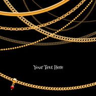 Assorted golden chains on black background with glass bead pendant
