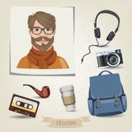 Icon set of hipster man with her accessories N2