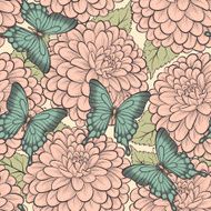 Beautiful seamless background with butterflies and dahlias pastel retro colors