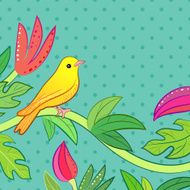 Bright yellow orange little tropical forest bird and wild green
