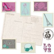 Retro Postcard with Set of Fashion Stamps