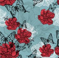 Seamless pattern with red tulips and black butterflies Vector illustration