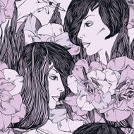 girl flowers waves and hand with pencil - seamless pattern