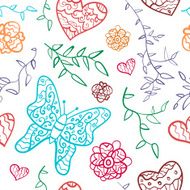 Floral seamless pattern with flowers hearts and butterfly N3