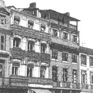 artistic drawing of a facede with many balconies