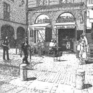 artistic drawing of a street cafe