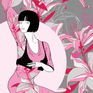 coquettish dark-haired girl in dress with flower pattern
