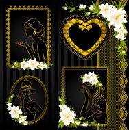 Vintage fashion women with flowers on ornament background Vector