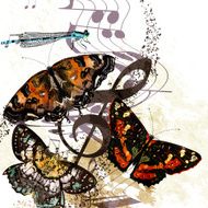 Grunge music background with butterflies and notes