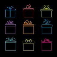 Set of nine icons gift boxes on black background