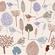 Seamless pattern with trees and birds in vintage style
