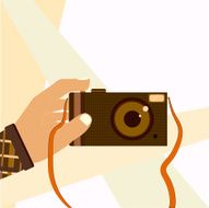 Hand taking selfie shot with retro photo camera modern