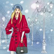 Vector beautiful fashionable girl on the Christmas Cityscape