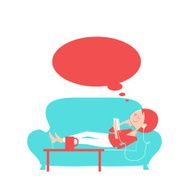 Happy thoughtful woman using smart phone lying on the sofa