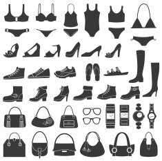 Set of vector silhouettes shoes swimwear and accessories Icons N2