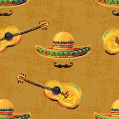 Mexican seamless music pattern with sombrero hat mustache and guitar