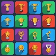 Winner trophy and award icons in flat style
