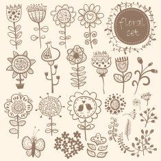 Flowers Hand Drawn floral elements with birds and butterfly