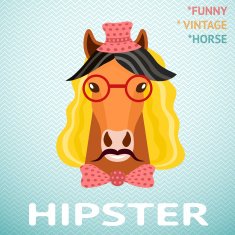 Portrait of funny vintage hipster horse with mustache red glass