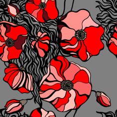 Red poppies on gray background Seamless pattern