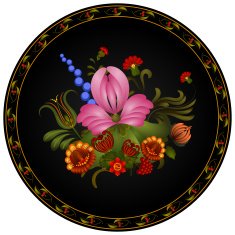 Petrikov painting Vintage floral ornament on black round plate