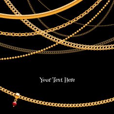 Assorted golden chains on black background with glass bead pendant