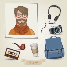 Icon set of hipster man with her accessories N2