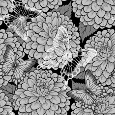 beautiful black and white seamless background with butterflies dahlias