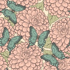 Beautiful seamless background with butterflies and dahlias pastel retro colors