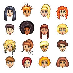 Cartoon girls hairstyles vector set