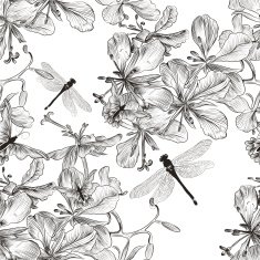 Vector seamless wallpaper pattern with flowers in monochromic color