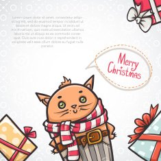 Merry Christmas postcard with gift boxes and cat