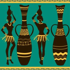 African seamless pattern of tribal girls and vases