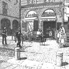 artistic drawing of a street cafe