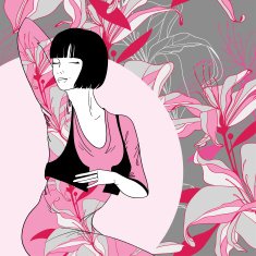 coquettish dark-haired girl in dress with flower pattern