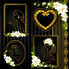Vintage fashion women with flowers on ornament background Vector