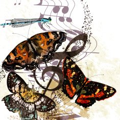 Grunge music background with butterflies and notes