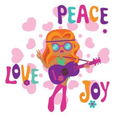 Hippie girl with guitar love peace and joy
