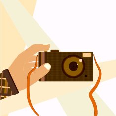 Hand taking selfie shot with retro photo camera modern