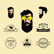 Hipster style guy with sunglasses and collection of vintage hipster labels