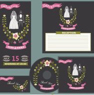 Cute wedding design template set with floral wreath