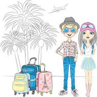 Vector hipster couplel travels the world N2